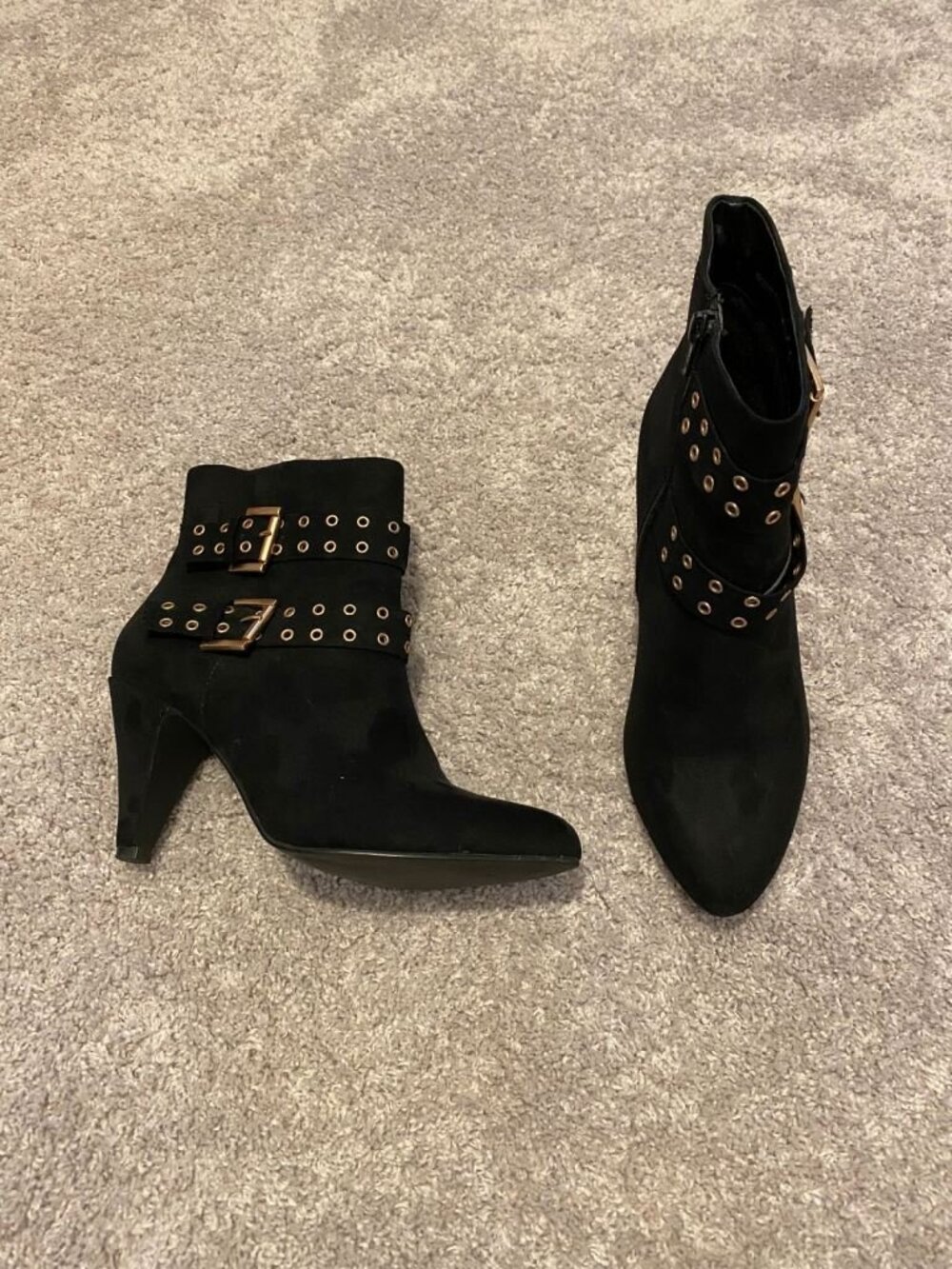 Black Ankle Boots Studded Buckle Strap Western Moto Booties Heels